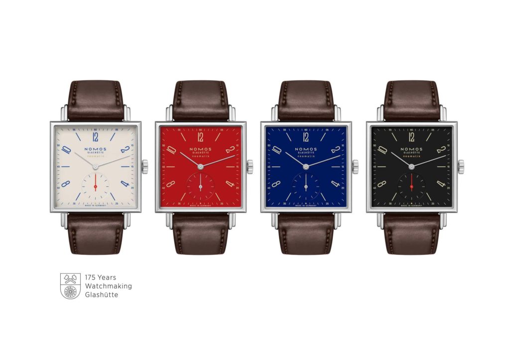 Tetra Neomatik 175 Years Watchmaking Glashütte: 4 new colorful limited editions of the famous square fake watch from Nomos